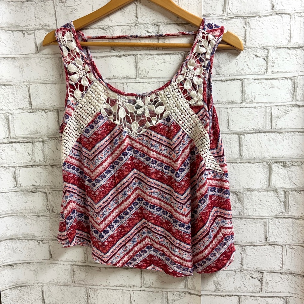 Boho Vanity Red and Navy Chevron Crochet-Detail Tank